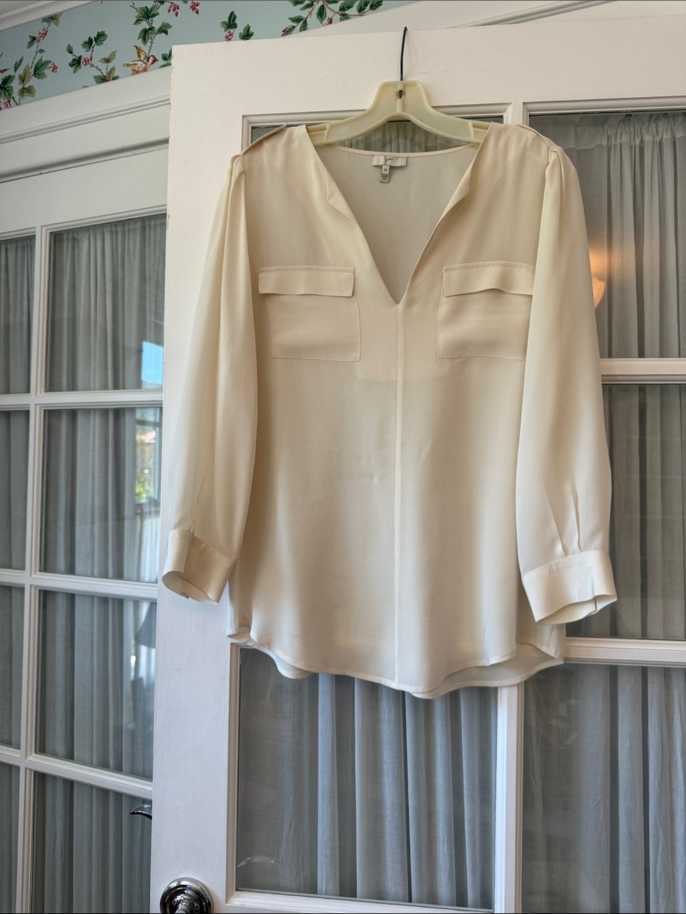 Women's Cream V-Neck Blouse with Patch Pockets